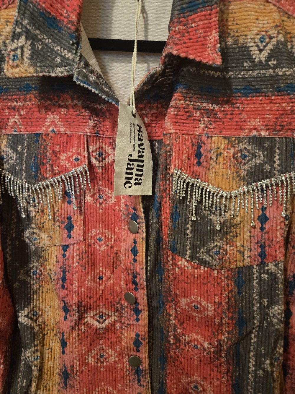 Savanna Jane Women's Red Patterned Fringe Corduroy Jacket - Picture 2 of 12